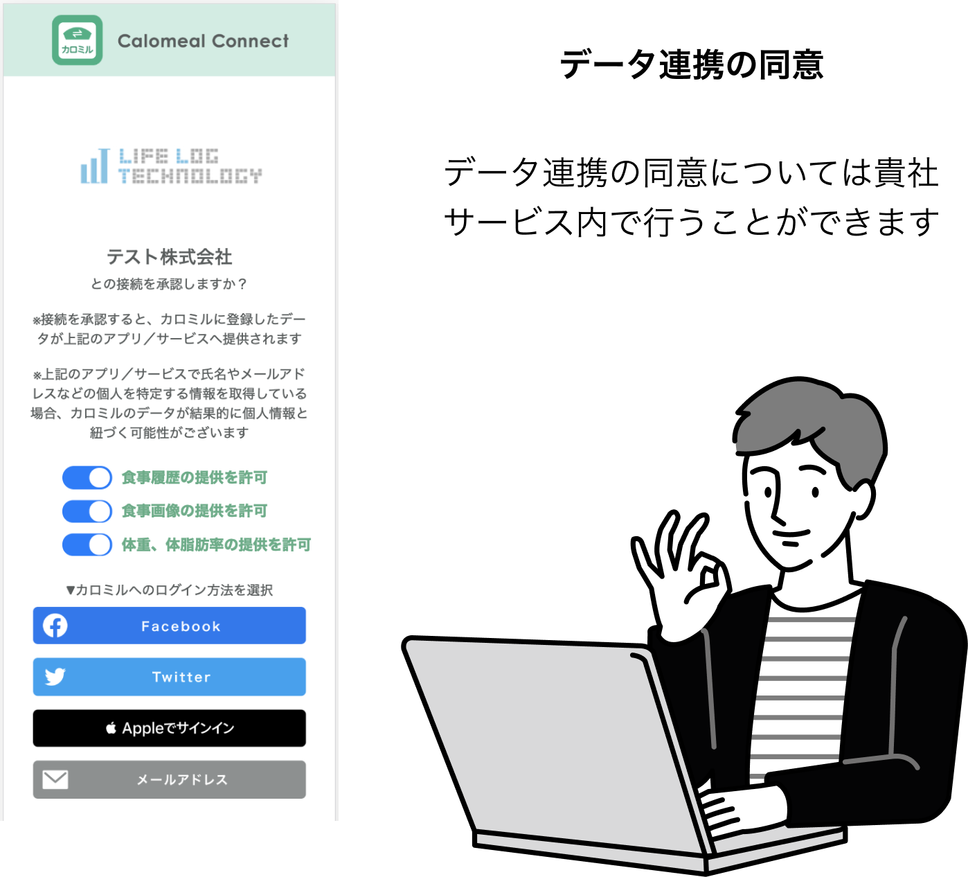 データ連携の同意については貴社サービス内で行うことができます